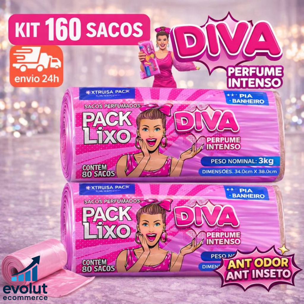 Kit 2 Sacos de Lixo Perfumados Diva Chiclete 10L | 160 Unidades | Neutraliza Odores | Pia e Banheiro
