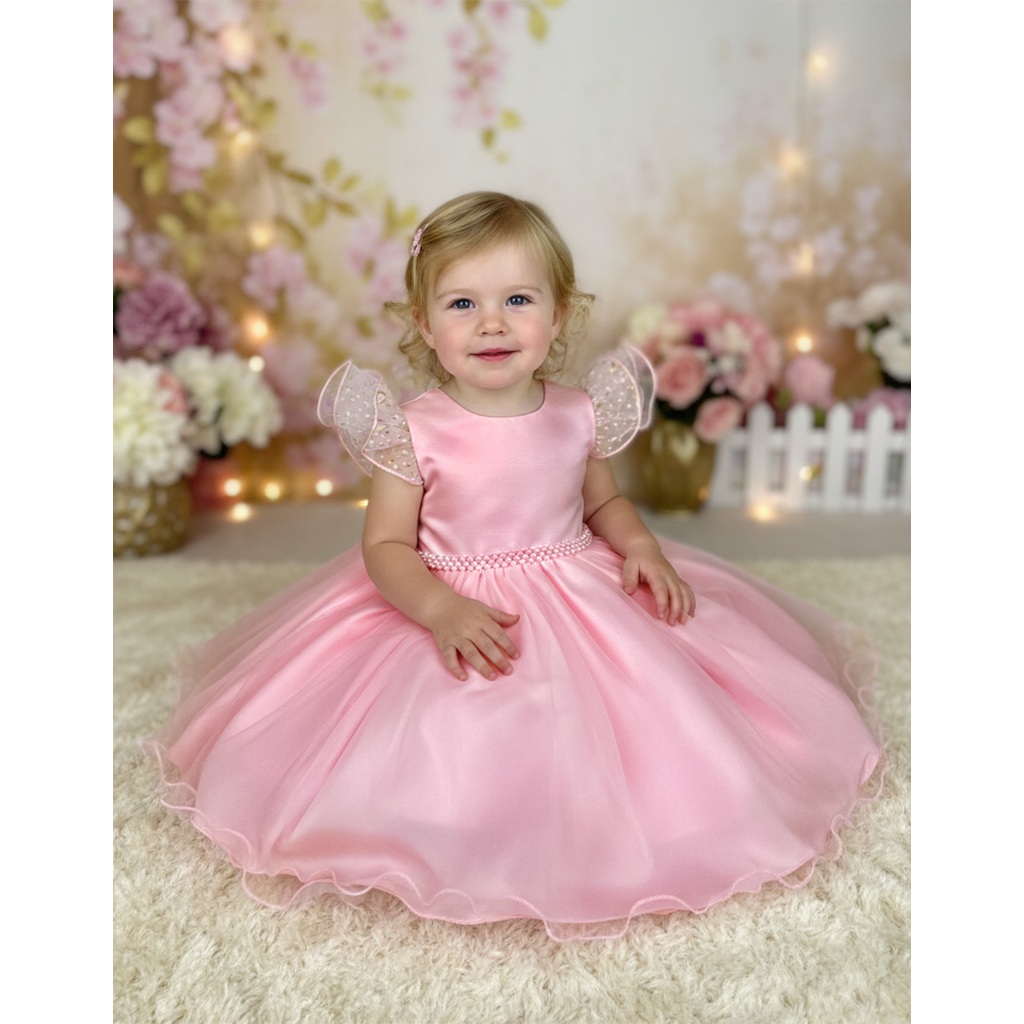 Vestido Infantil Bebe Aba Dupla Tule Coração Saia Gode Festa Luxo Cinto Perolas P/G 1/3