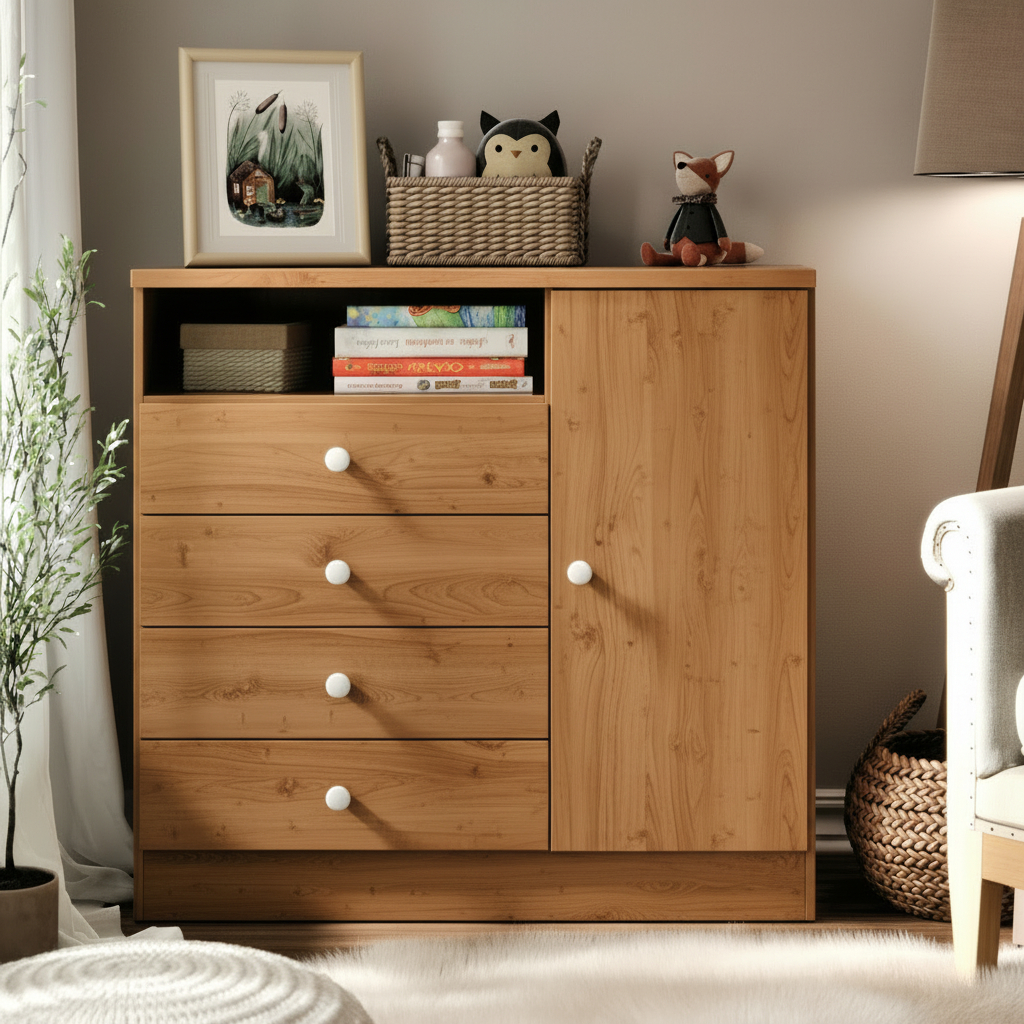 Cômoda Gaveteiro Petit Com 4 Gavetas E 1 Porta Com Nicho Para Quarto E Sala Blue Moby - Cor Nature