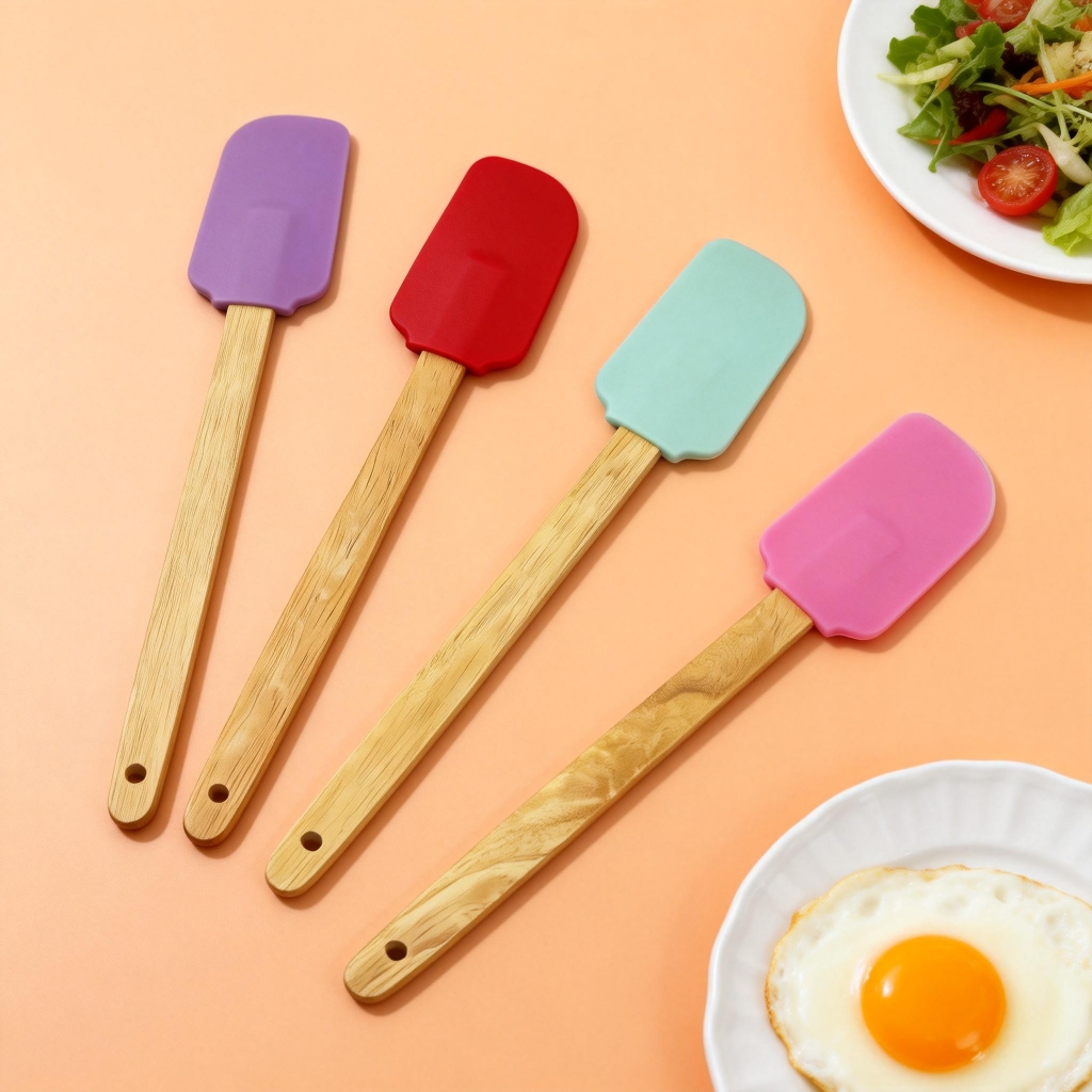 Kit 4 Espátulas Colher de Silicone  Cabo Bambu，28cm