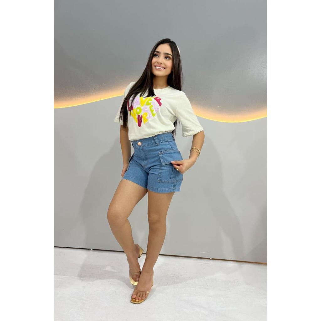 Short Jeans Feminino Infantil Juvenil Cargo Cintura Alta Azul Claro e Escuro Tam 10 ao 16