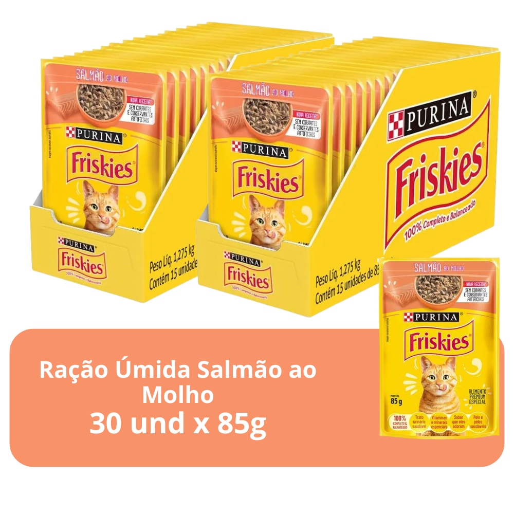 Pack Nestlé Purina Friskies Ração Úmida Para Gatos Adultos Salmão Ao Molho com 30 Sachês 85g