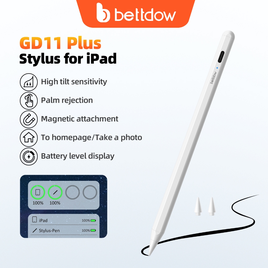 BETTDOW 11th Plus Caneta Stylus para iPad Stylus Pencil Rejeição da palma 9th Gen 8th 7th 6th Pro 11 12.9 2018-2025