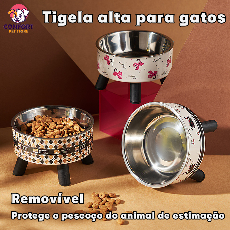 Tigela alta para gatos em aço inoxidável, com pés elevados para água e comida, com apoio para o pescoço