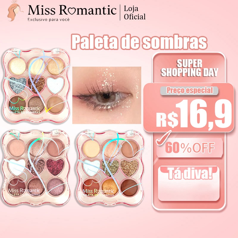 Paleta de Sombras Cintilantes Miss Romantic – 9 Cores Peroladas, Alta Pigmentação e Brilho Intenso