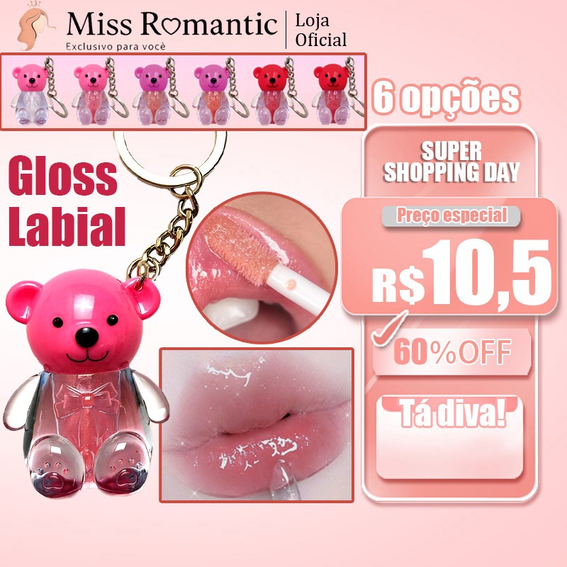 Gloss Labial com Chaveiro Miss Romantic 💖 6 Cores – Brilho Intenso, Volume e Lábios Sedutores, Prático e Estiloso!