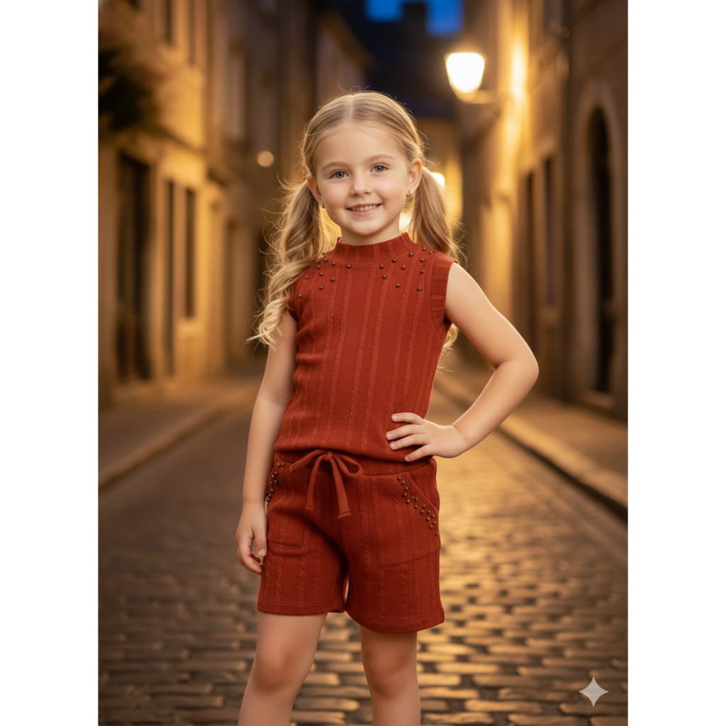 Conjunto Feminino Infantil Casual  com Regata e Short com Pérolas  em Tecido Canelado