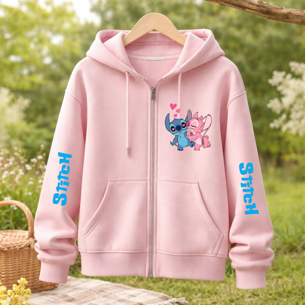 Blusa de Moletom com Ziper Casaco Quentinho Capuz Bolso Lillo Stitch Infantil Infanto Juvenil Meninas