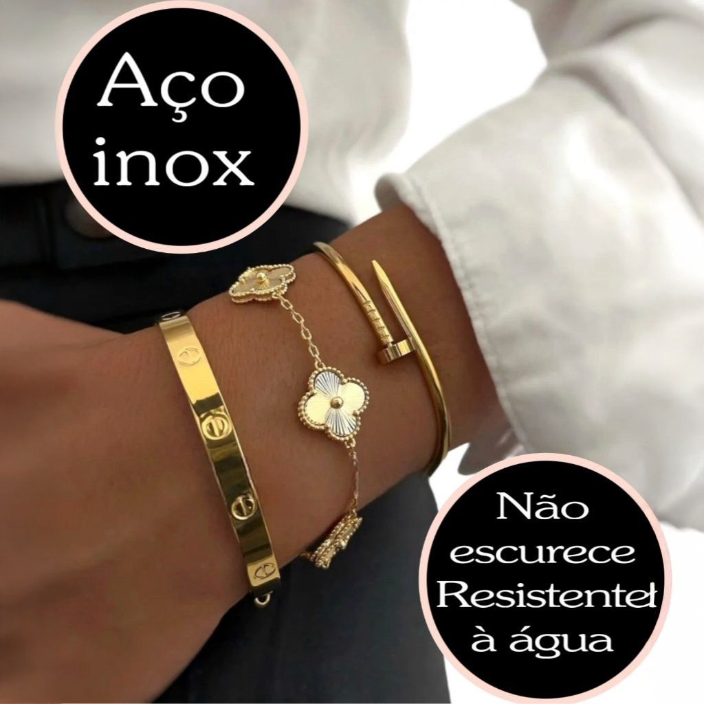 Conjunto 3 Braceletes Aço inoxidável Dourado Acessórios Femininos Virginia Moda KIT Pulseira