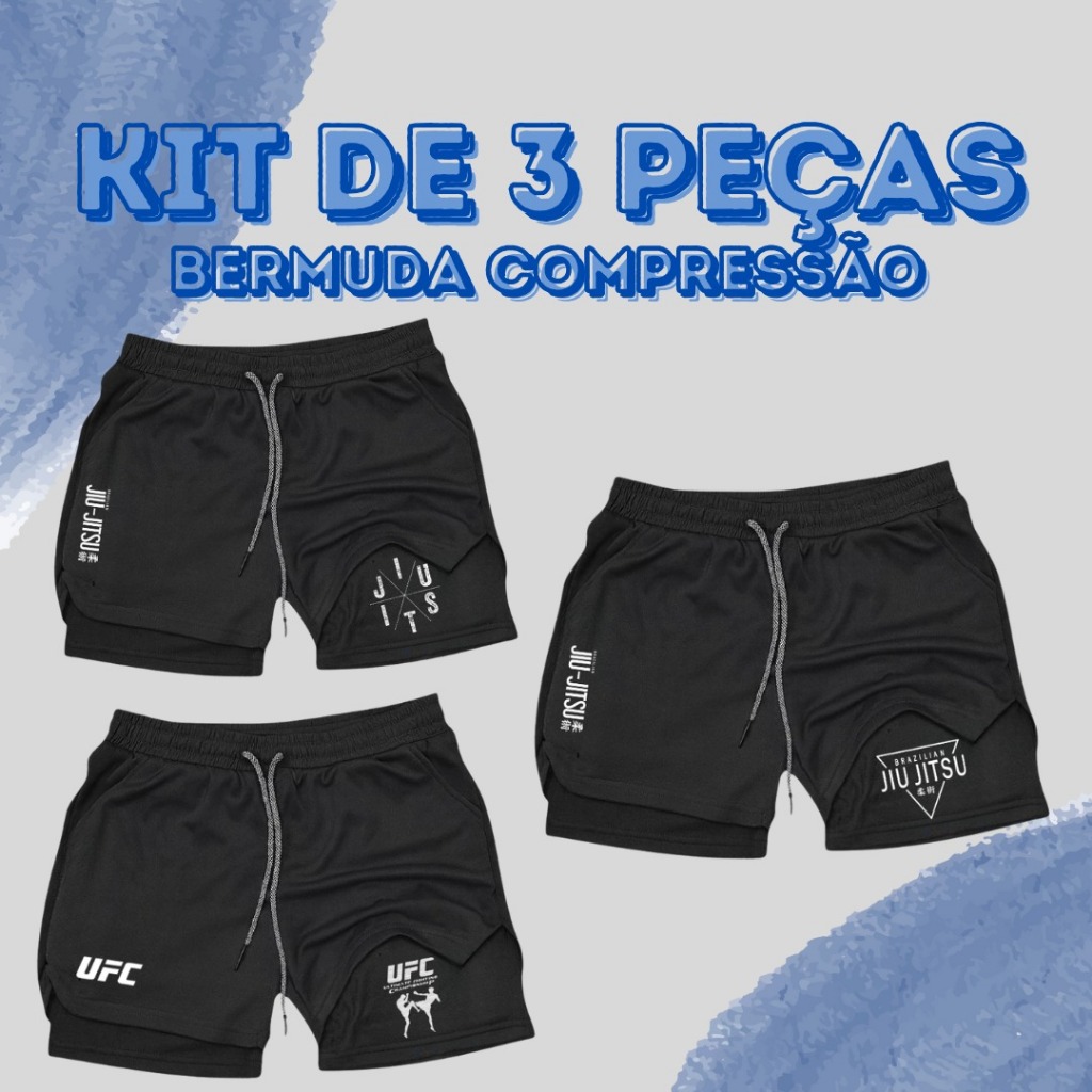 KIT 3 Bermudas De Compressão 2 Em 1 Dry Fit Com Elastano UFC + JIUJITSU Ideal Para Treinos, Academia