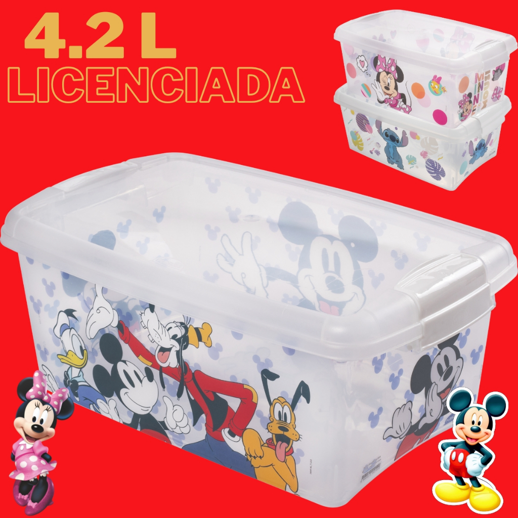 Caixa Organizadora com Trava 4,2L Mickey Minnie Stitch Princesa Licenciado Disney Cesto Organizador