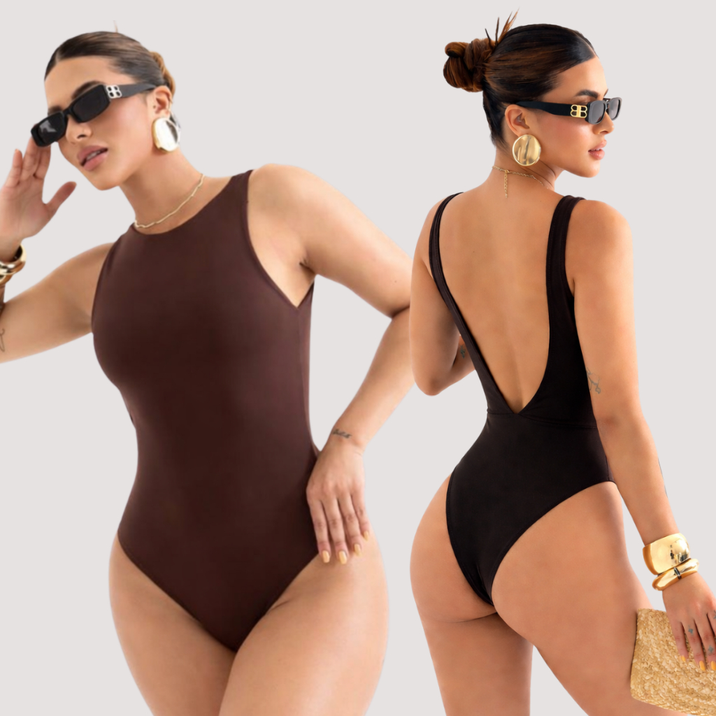 KIT 2 Maiô Body Feminino Modelador Moda Praia Natação Piscina Hidroginástica Collant Biquine Bore Preto