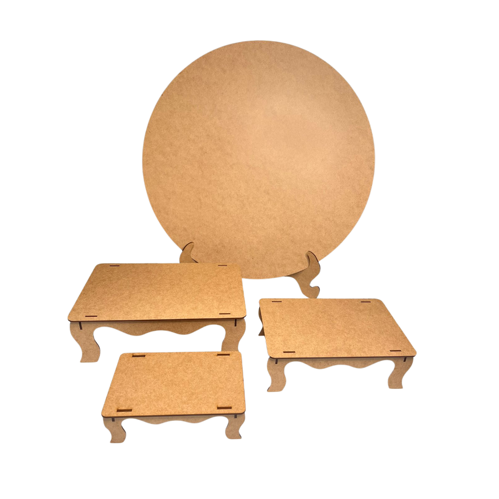 Mini Painel de Festa 50cm MDF Cru com Suporte Kit Pegue e Monte com Trio de Bandejas