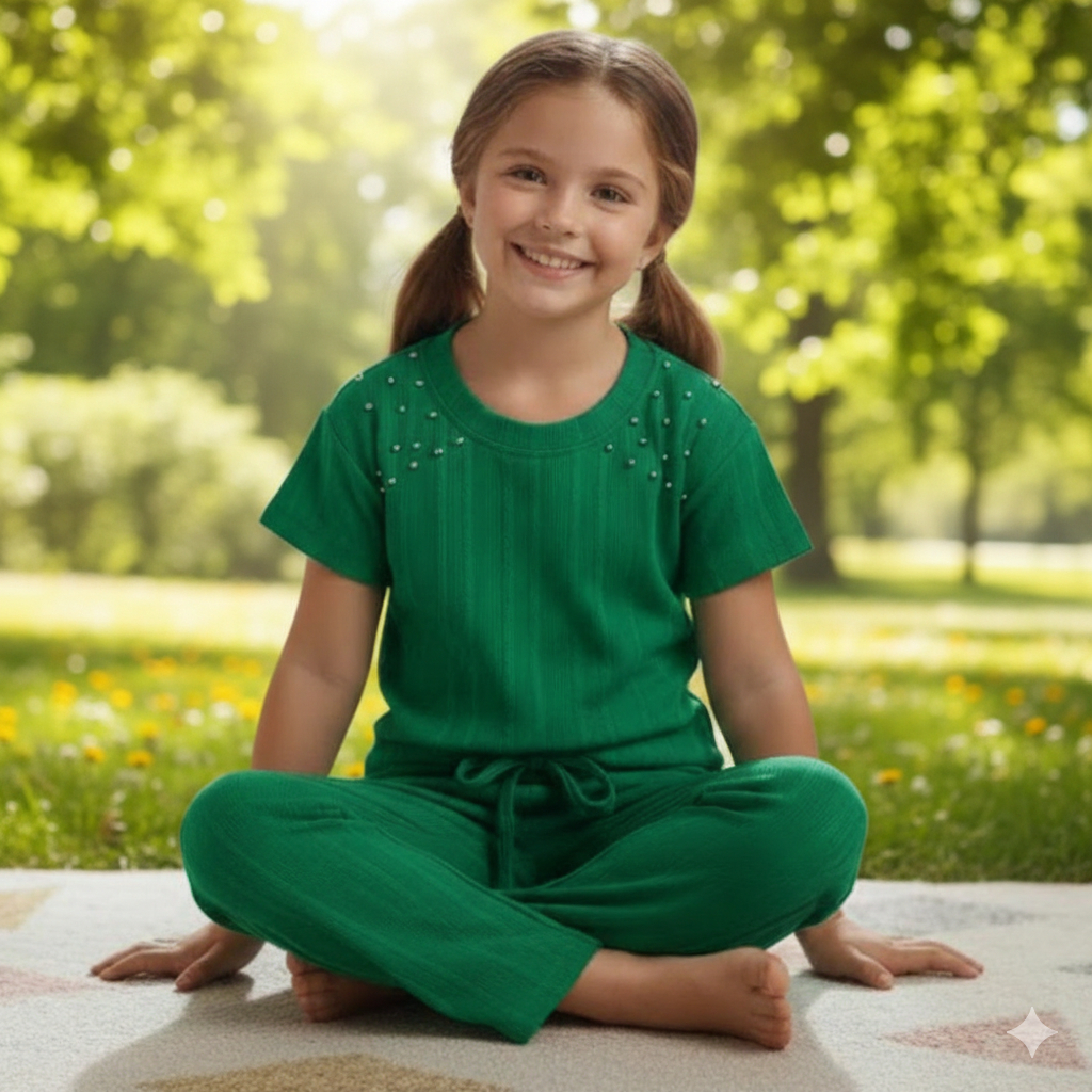 Conjunto Infantil Feminino – Blusa com Pérolas + Calça com Bolsos | Tecido Ribana Premium