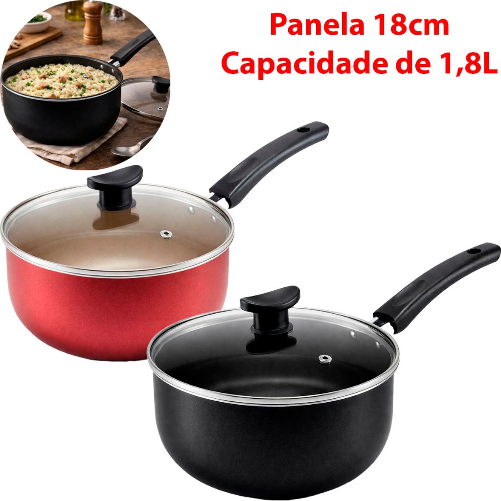 Panela Caçarola 18cm de 1,8 Litros Para Cozinha Antiaderente Reforçada Tampa Vidro Temperado