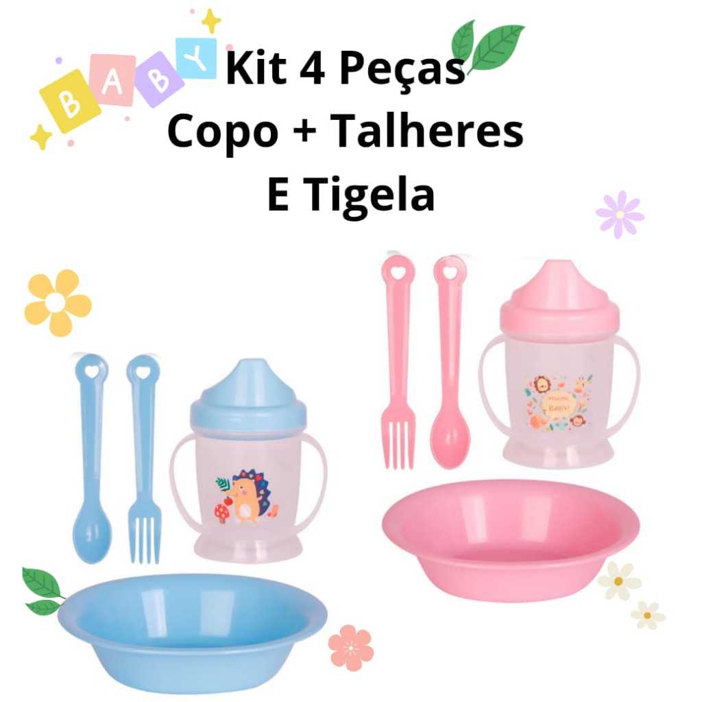 Kit 4 Peças Alimentação Infantil Bebê Copo Colher Garfo Tigela Menino Menina