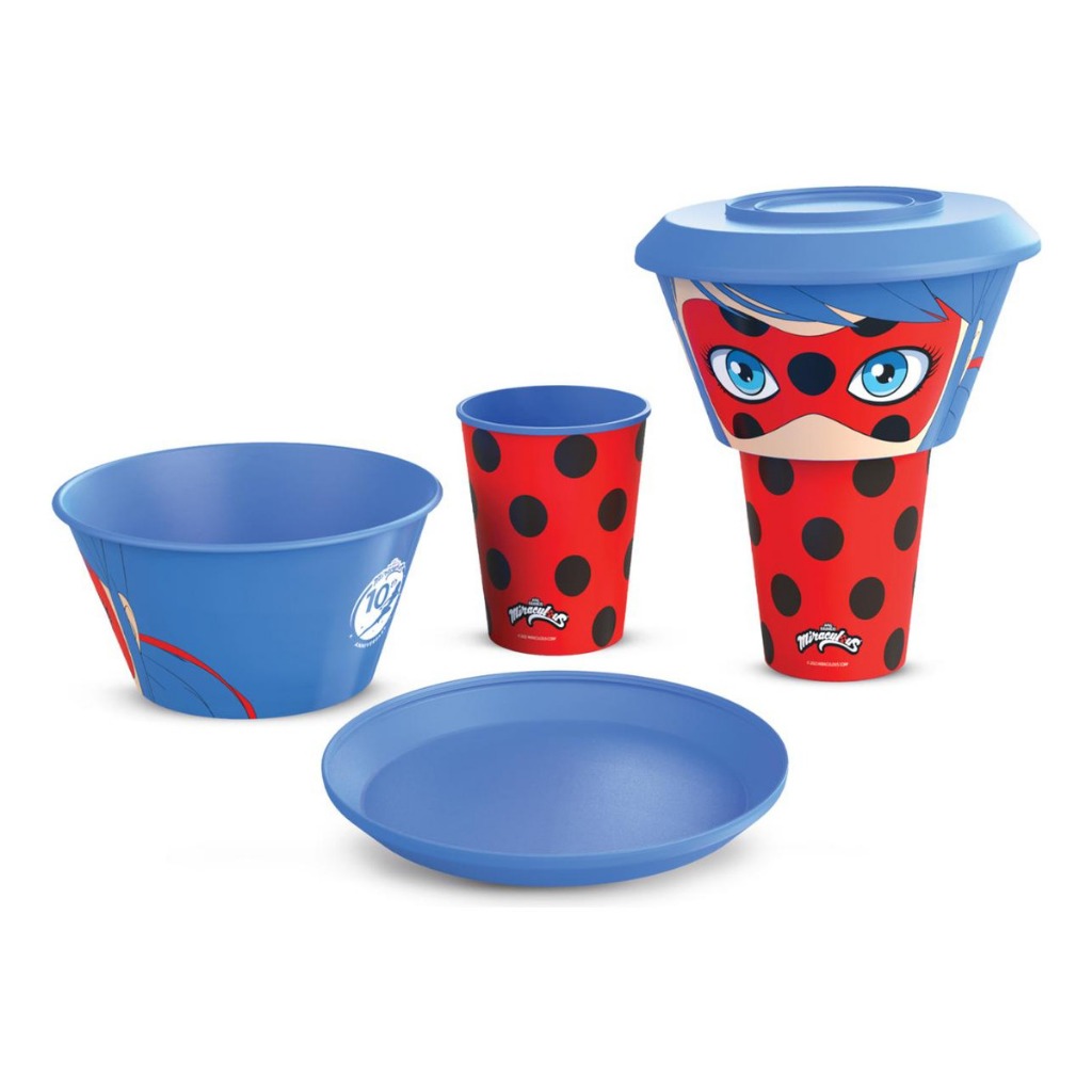 Kit 3 em 1 Copinho Tigela e Pratinho LadyBug Joaninha 3 Peças Infantil Conjunto Lancheira Para Crianças