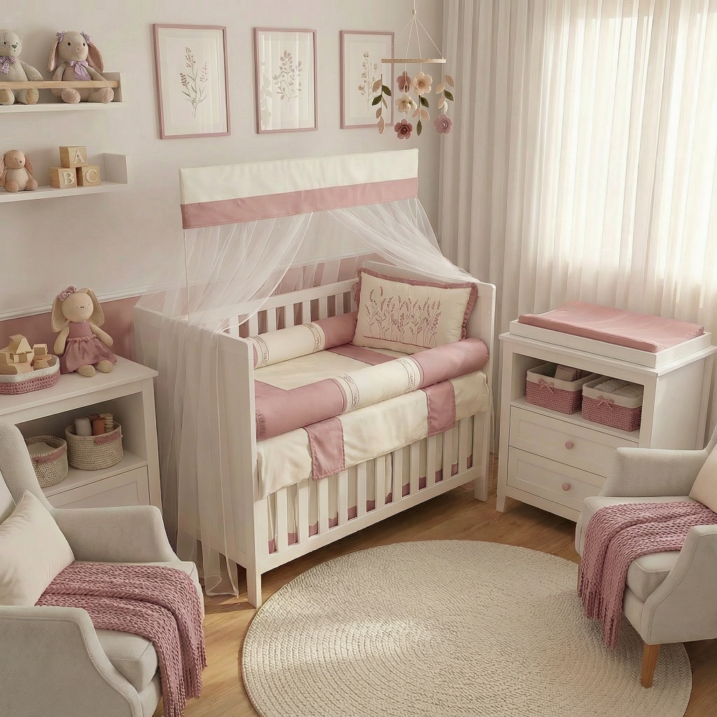 Kit Berço Americano Bordado Flores Menina Rosê