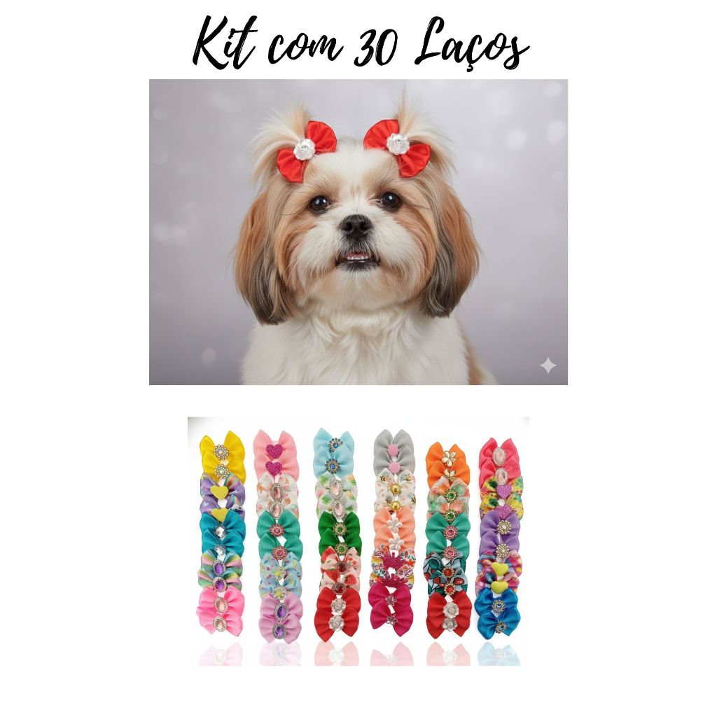 Kit 30 Laços Pet Atacado Banho e Tosa - Lacinhos Luxo Sortidos para Cachorro e Gato - M&B Laços