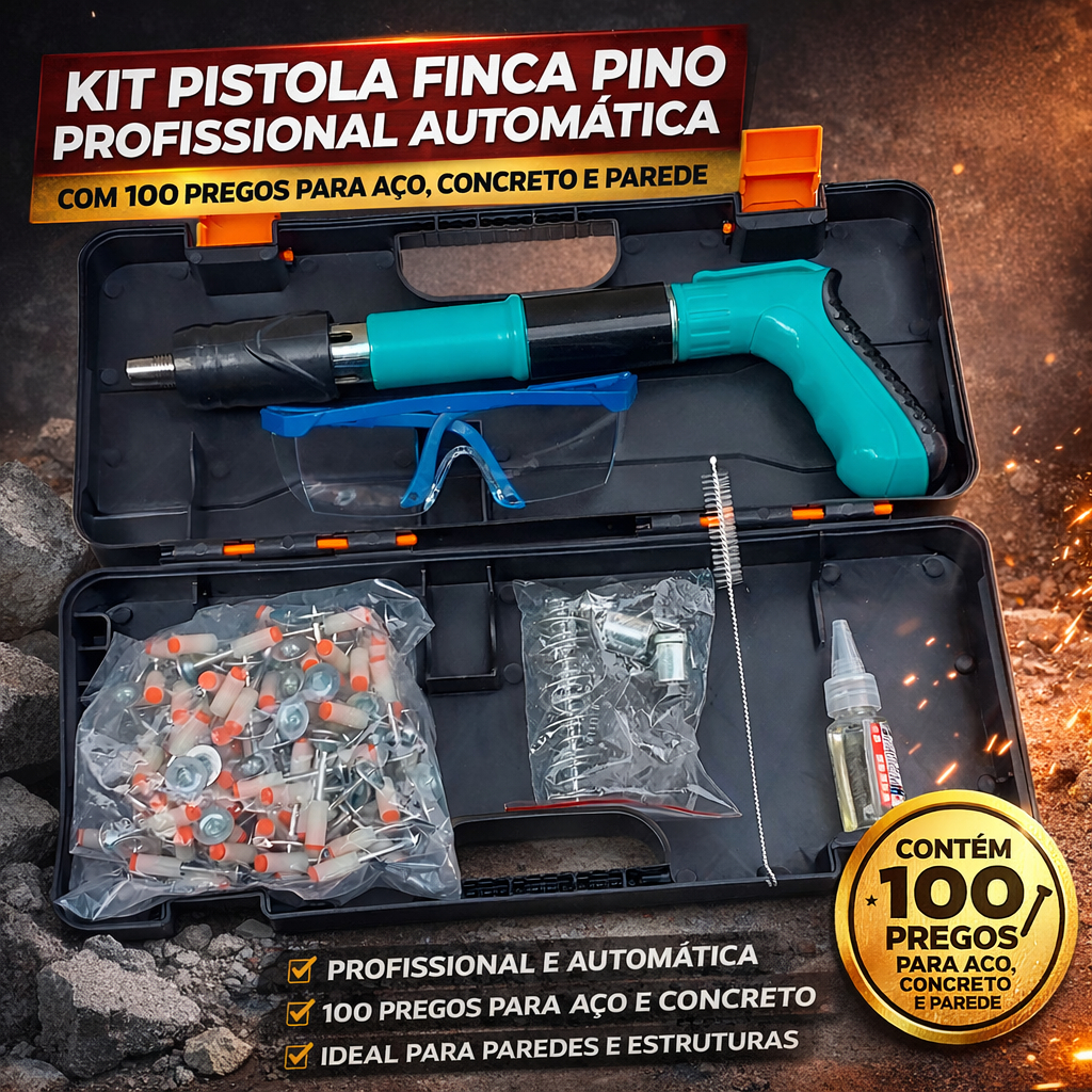 Kit Pistola Finca Pino Profissional Automática Com 100 Pregos Para Aço Concreto E Parede