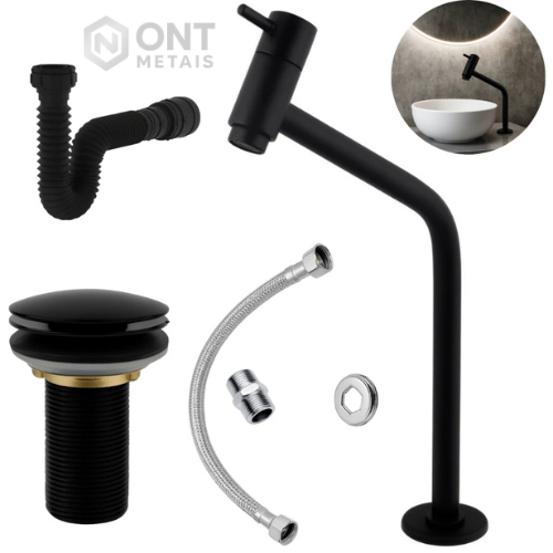 Kit Torneira Preta em ABS , Válvula Click e Sifão Flexível Universal + Engate Flexível 40cm