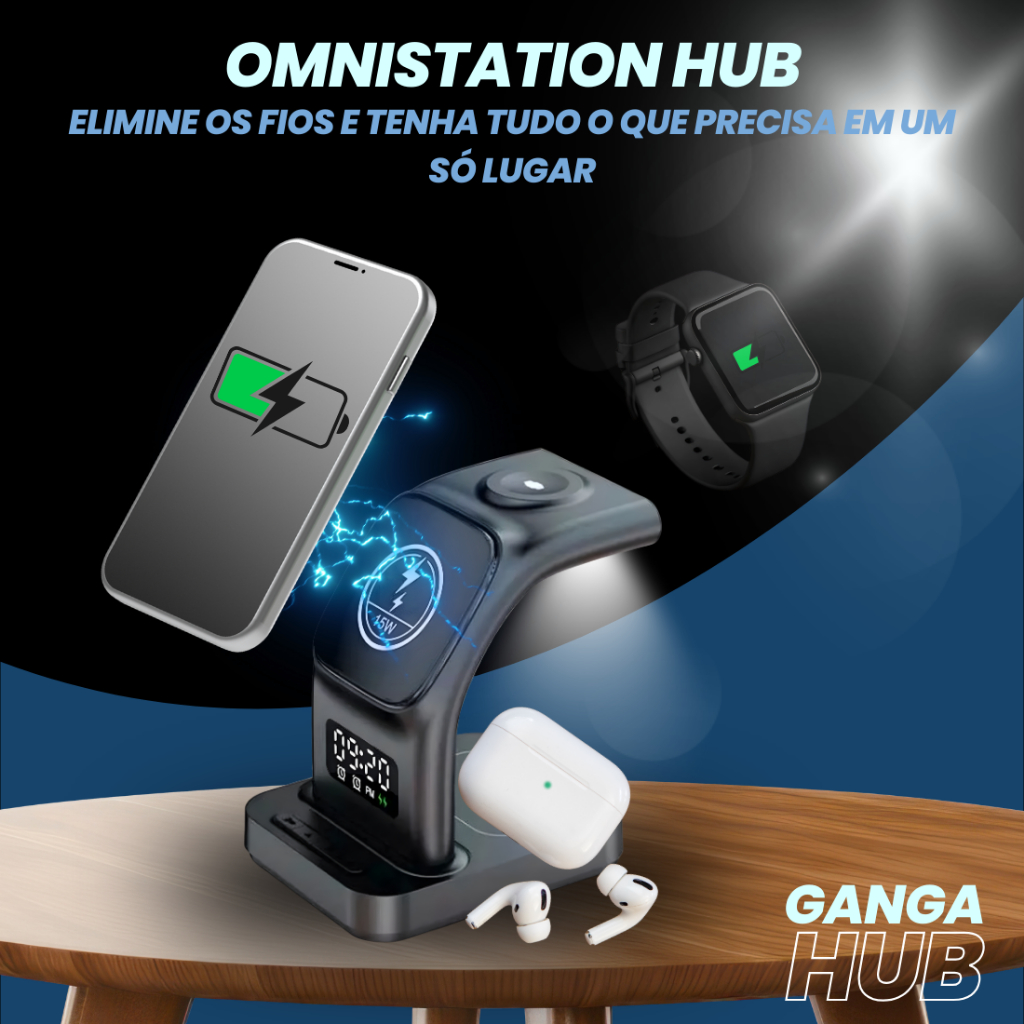 Carregador Sem Fio 5 em 1 Estação Multifuncional com Luminária e Relógio