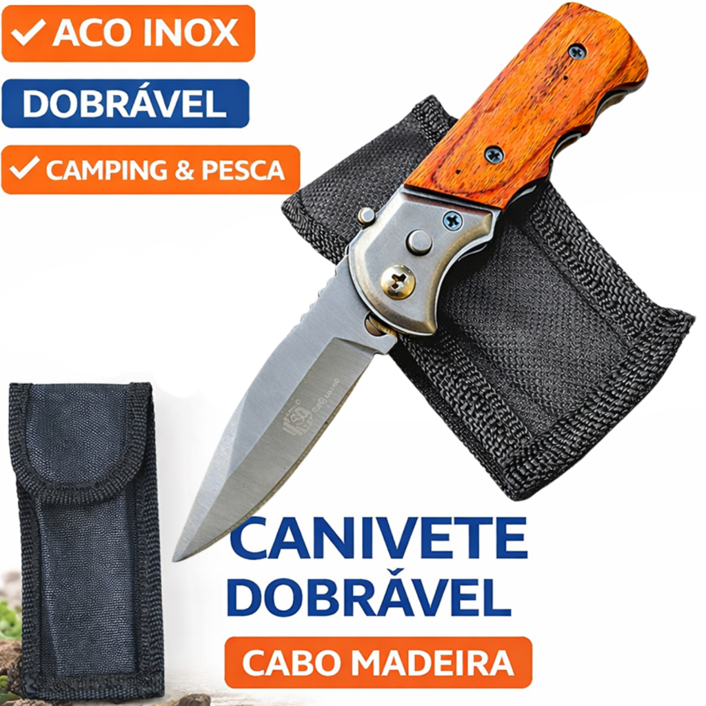 Canivete Automático 14,5 cm Tático Cabo Madeira Com Bainha Pesca Camping Trilha Resistente Aço