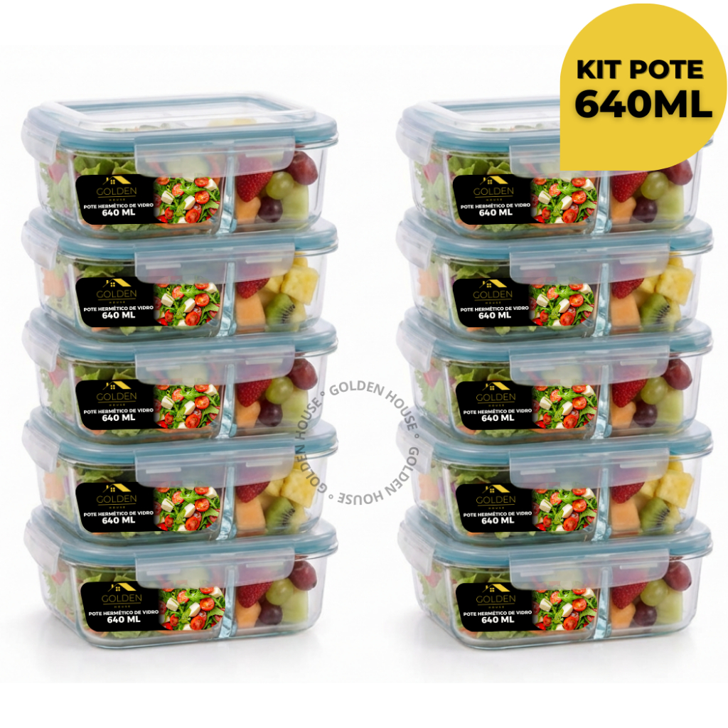 Kit 10 ou 5 Potes Herméticos 640ml Com Divisória Retangular Marmita Alimentos Fitness