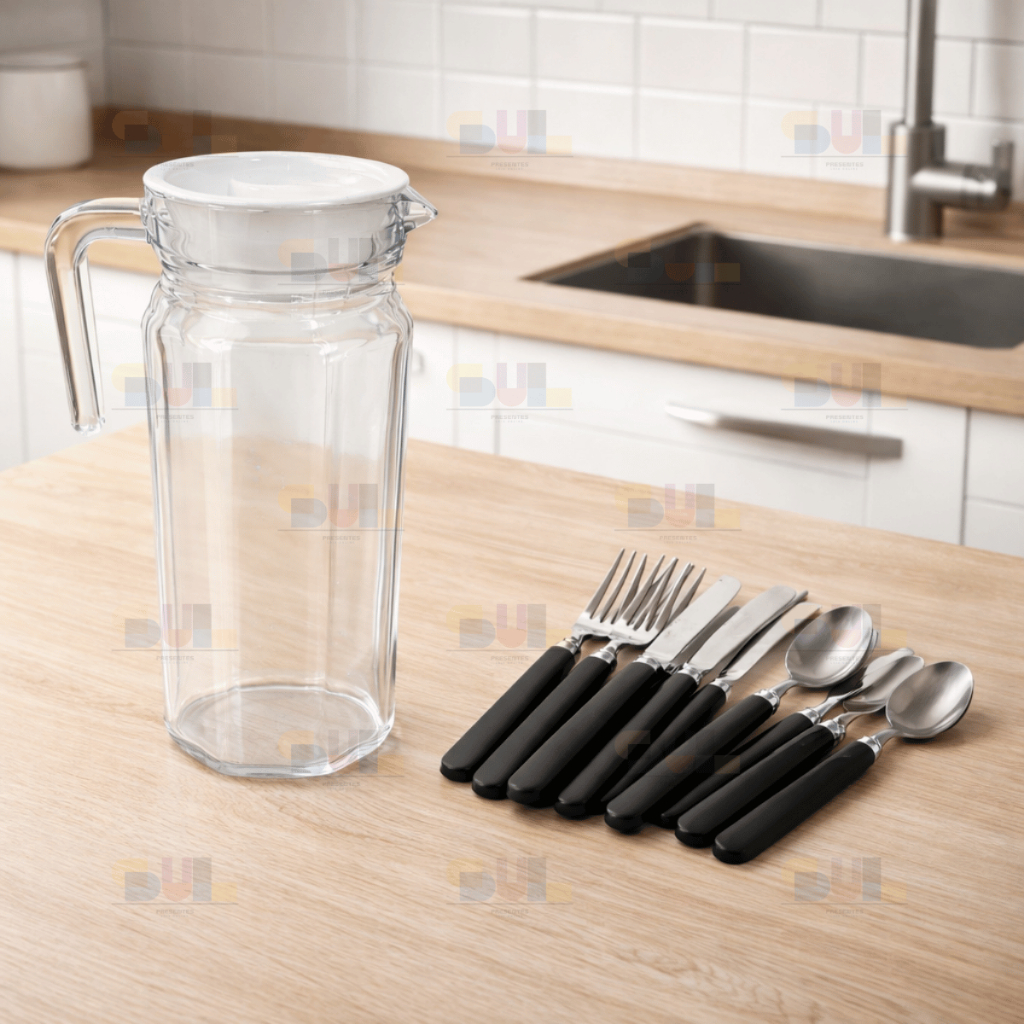 Jogo De Talheres 24 Peças + 1 JARRA DE VIDRO Talher Aço Inox Louça Cozinha Utensilios de Cozinha