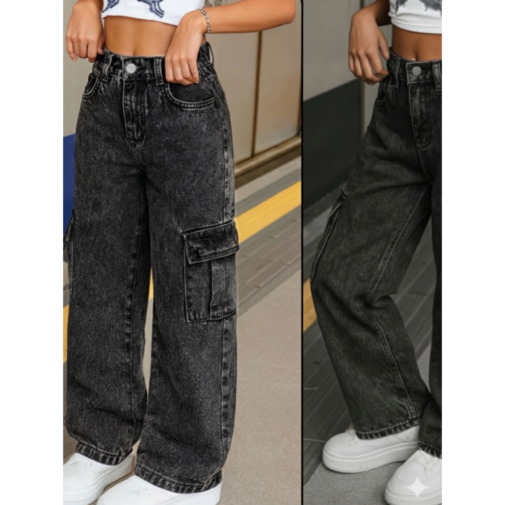 Calça Cargo Jeans Menina blogueirinha Juvenil 10 ao 16 anos com bolsos laterais premium Criança
