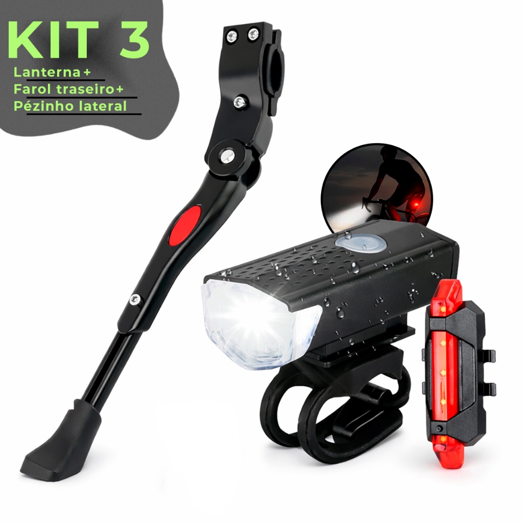 Kit Farol Lanterna Bicicleta + Sinalizador Traseiro Recarregável + Pezinho Lateral Com Regulagem