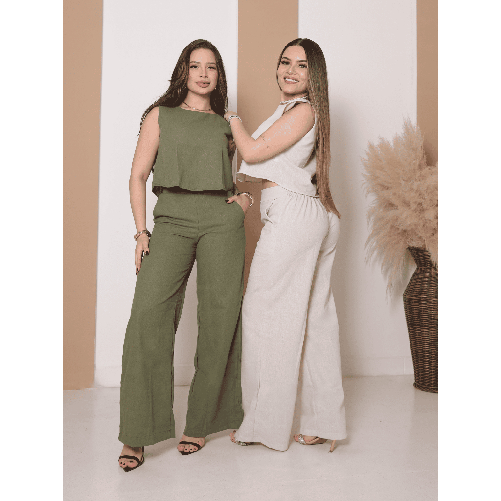 Conjunto Alfaiataria Linho Feminino Calça Pantalona e Blusa para Trabalhar Social