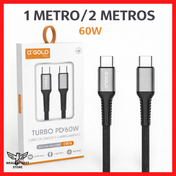 Cabo Carregador Entrada Tipo-C + Tipo-C Carregamento Turbo 60W 1M/2M A'GOLD