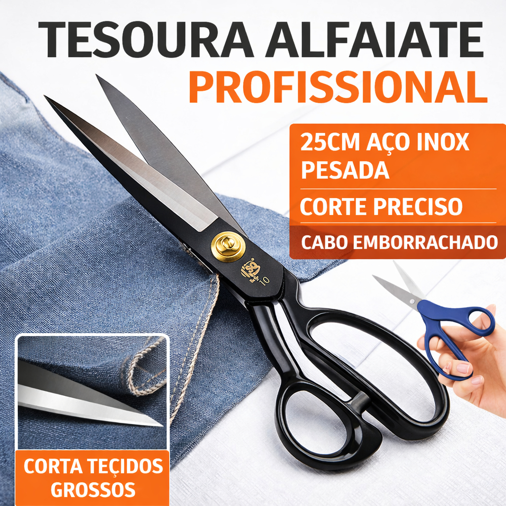 Tesoura Alfaiate Profissional 25cm Aço Inox Corte Preciso Tecido Couro Costura Cabo Emborrachado Top