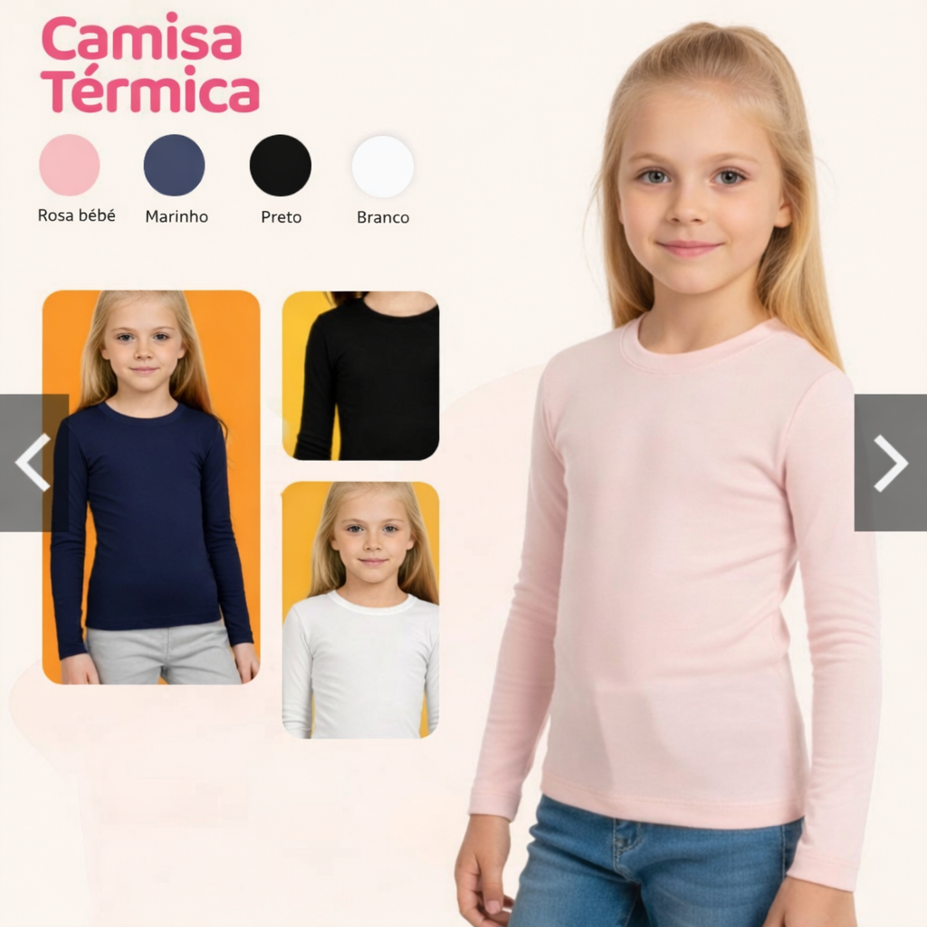 Kit de Blusas Térmicas Peluciadas Segunda Pele Manga Longa Infantil Menina