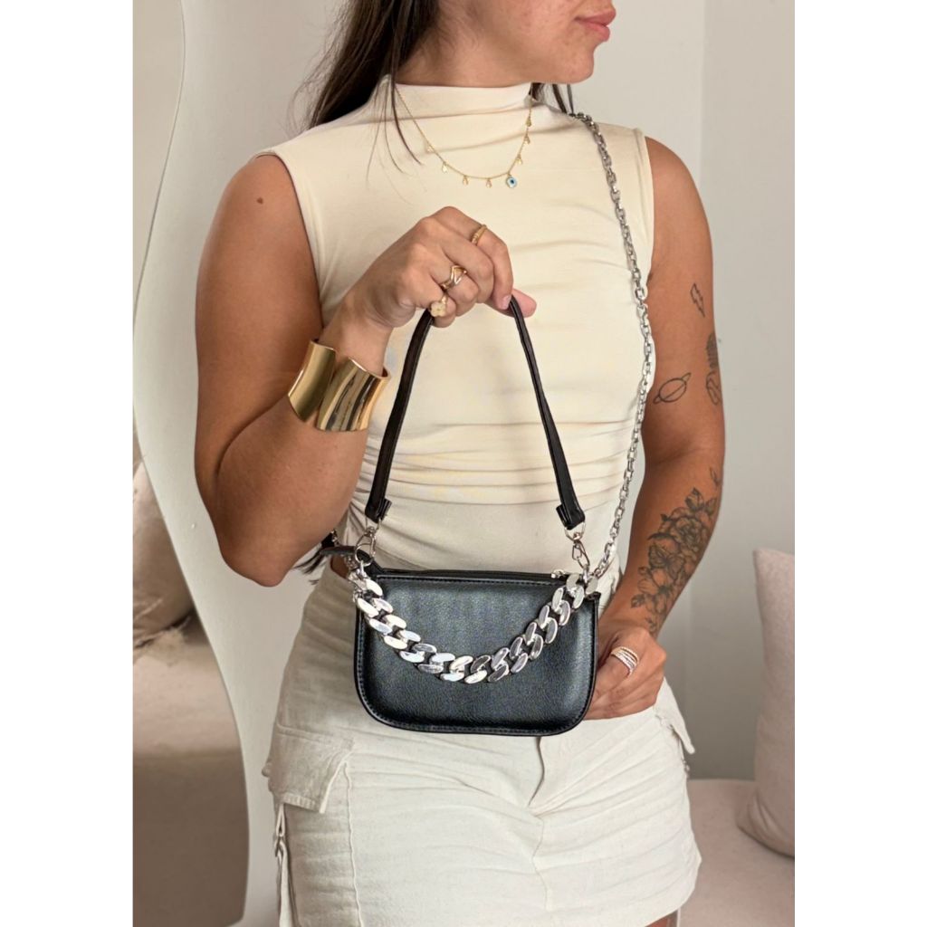 Bolsa pequena feminina de ombro e alça transversal removivel de corrente elegante moderna estilosa