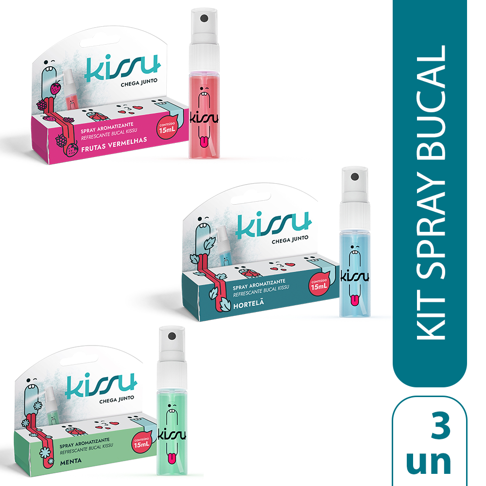 Kit 3 Spray Bucal Kissu – Trio Mix: Hortelã, Menta e Frutas Vermelhas