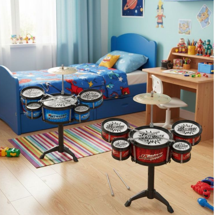Bateria Musical Infantil 5 Tambores Com Baqueta Brinquedo Menino Menina