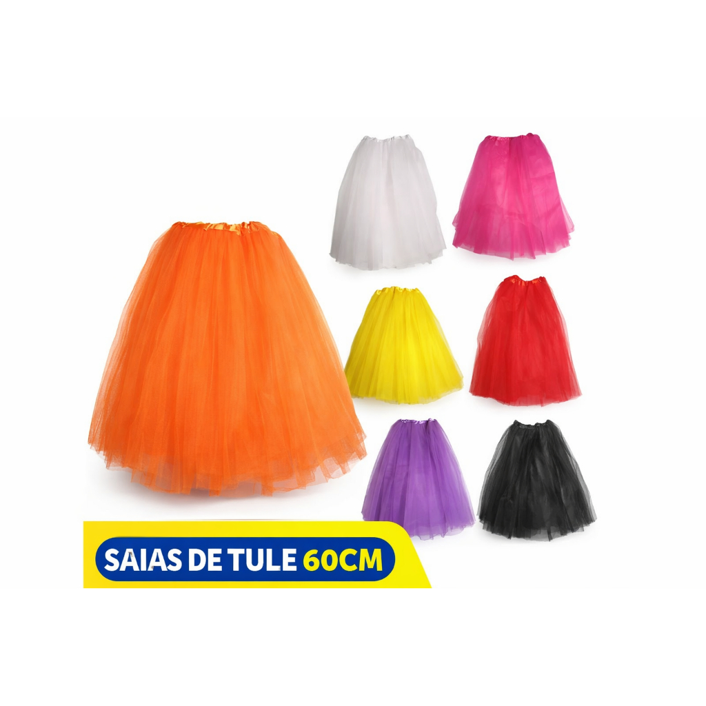 Saia de Tule Longa Comprida 60 cm 3 camadas adulto elástico festa carnaval dança teatro Cetim Baile
