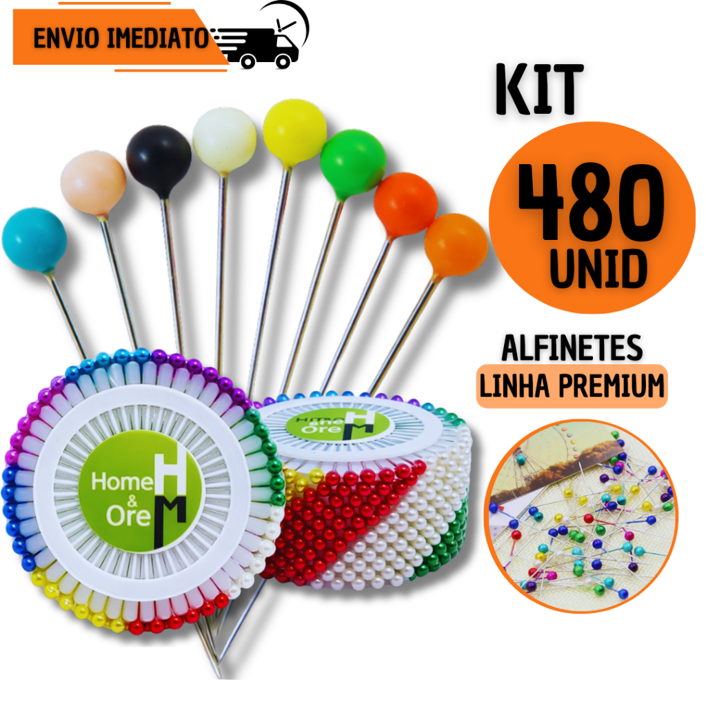 480 Alfinetes Coloridos Profissionais Cabeça Bola Patchwork Costura Artesanato Estojo Premium