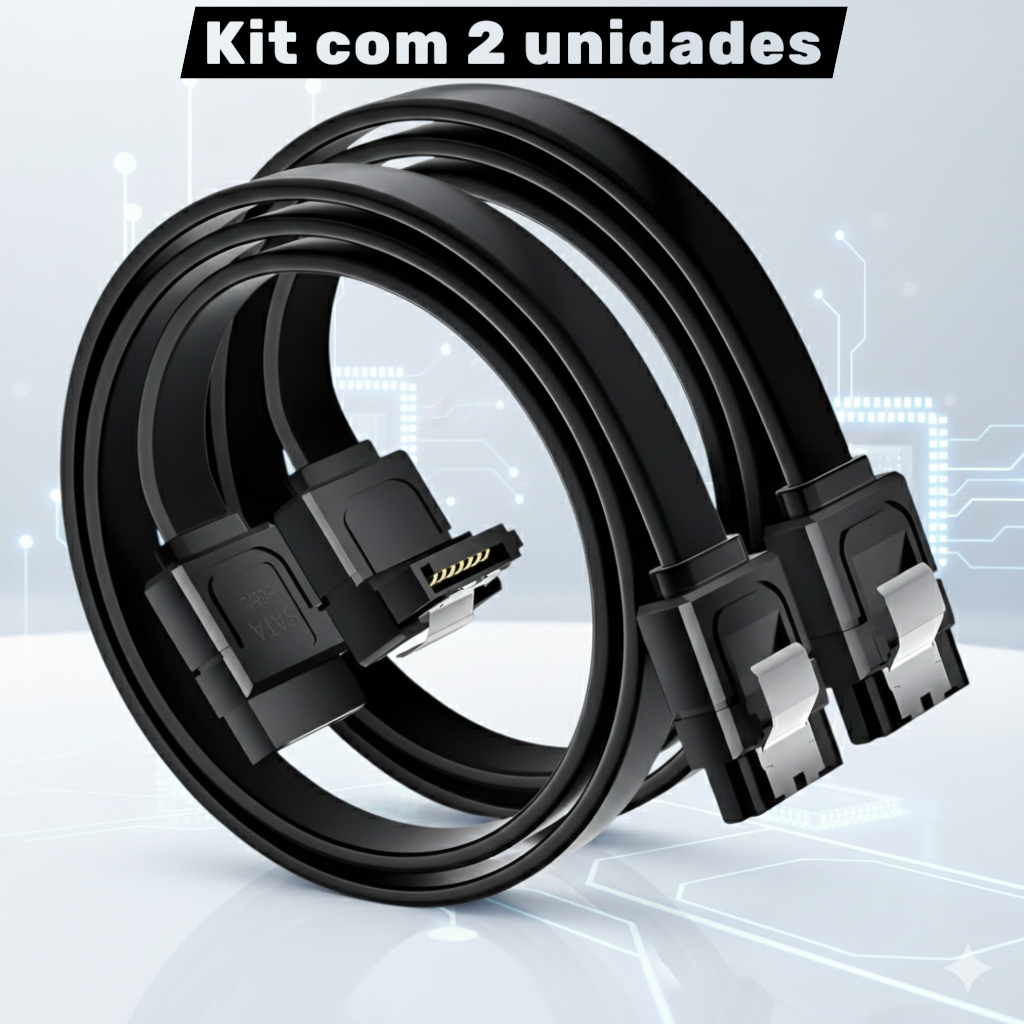 Kit 2x Cabo SATA 3.0 6Gb/s - Reto + L 90° Preto para HDD/SSD Alta Velocidade com Trava