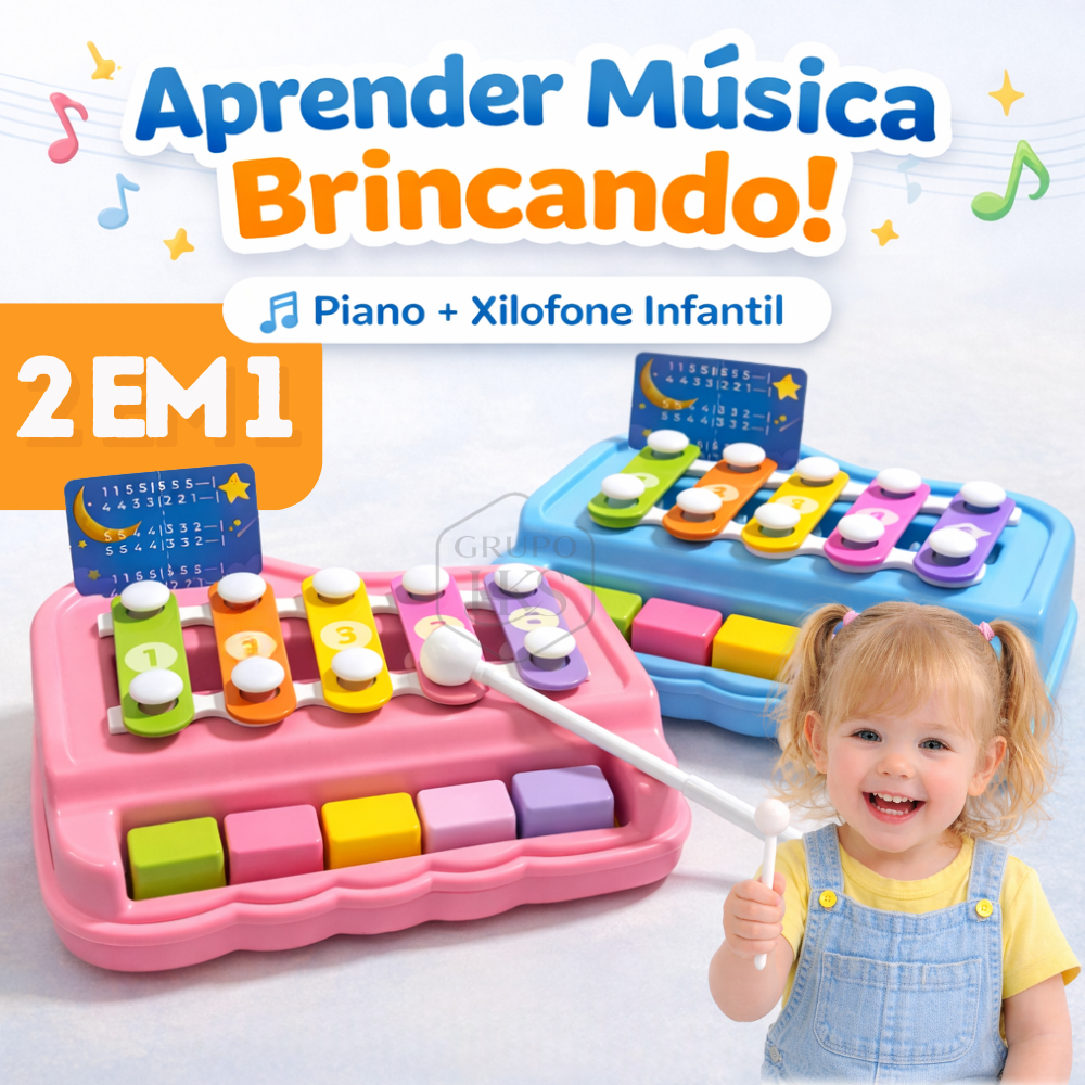 Piano Xilofone Infantil 2 em 1 com Baquetas Cartão Musical Brinquedo Educativo Bebê Criança Mini