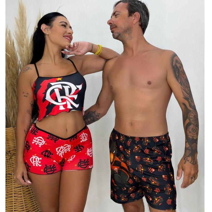 Kit Pijama Time Casal ShortDoll Suede Cropped + Samba Canção Masculino Conforto Estilo Para Dormir