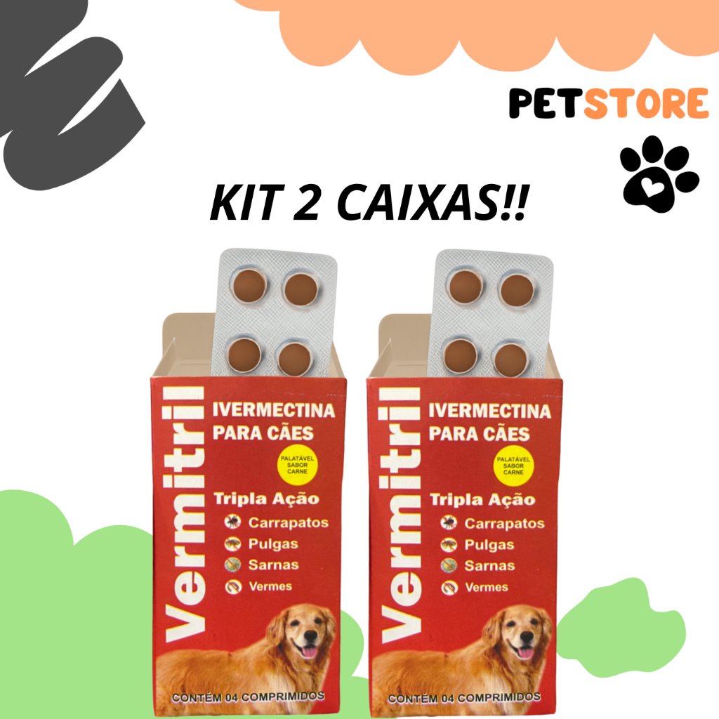 Vermitril Caes Anti Pulgas Carrapatos Vermes Sarnas  3mg 4 Comprimidos Trata 15kg