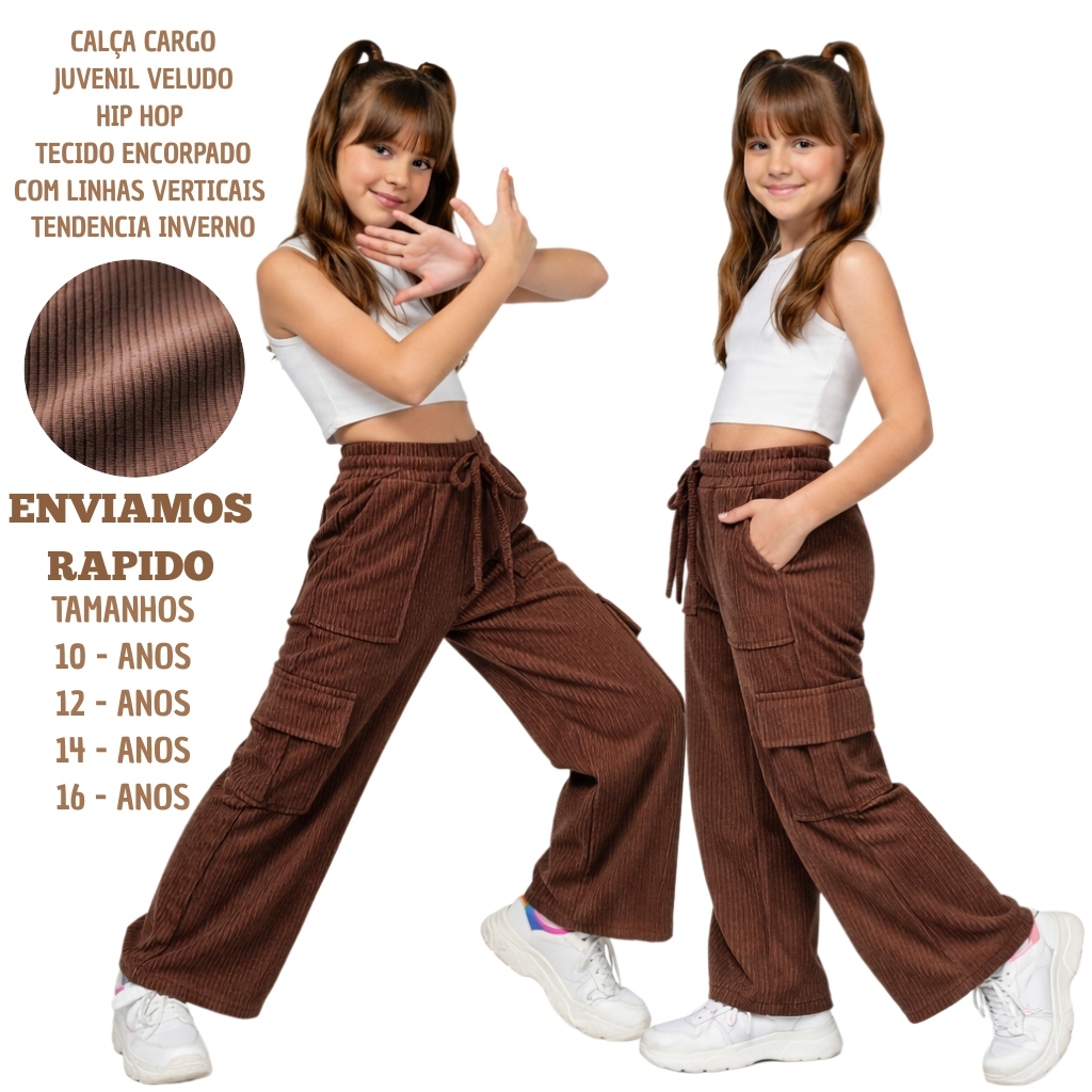 Calça Cargo Veludo Juvenil Feminina Premium