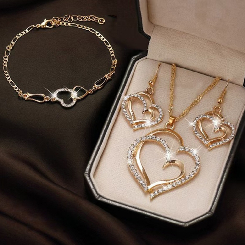 Conjunto Colar e Brincos Coração Feminino Dourado com Strass Elegante Delicado Presente Romântico Moda