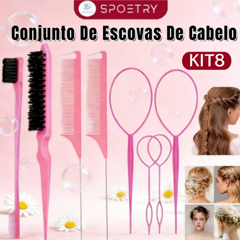 8Pcs Conjunto De Escovas De Cabelo Com Trança Francesa Pentes De Rabo De Rato Itens Essenciais Para Viagem