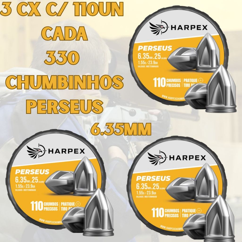 Kit 3x Chumbinho Harpex Perseus 6.35mm .25 Pontiagudo 330un PCP