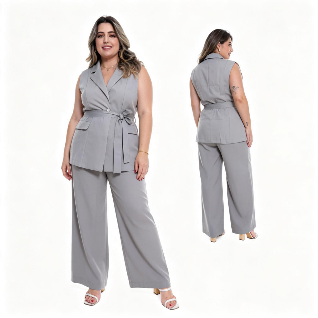 Conjunto Feminino Plus Size Colete Com Faixa E Calca Com Elastino Cos Pantalona CONPL-049
