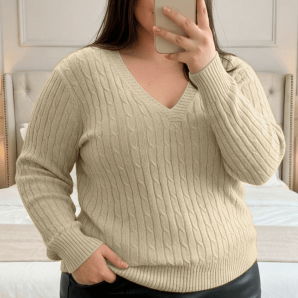 Blusa Plus Size Manga Longa Decote V Canelada Inverno Frio Suéter Feminino Térmica Tricot Trançada